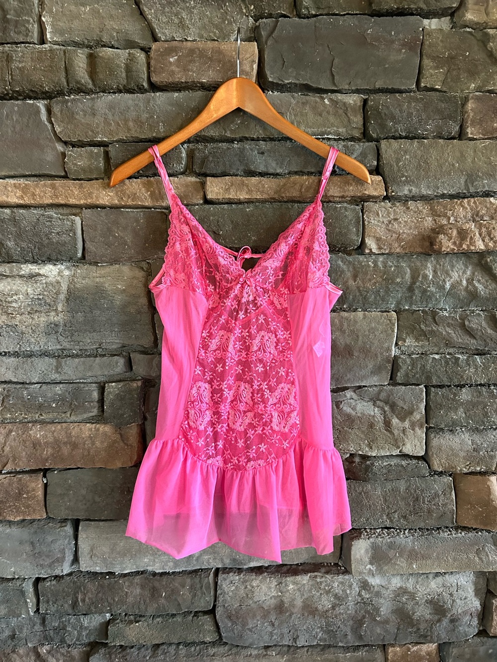 Frederick’s Of Hollywood Y2K Coquette Hot Pink Barbiecore Lace Sheer Slip Top